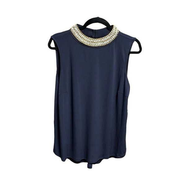 Moa Moa Women’s Navy Sleeveless Jeweled  Neck Blouse Size XL NEW - Picture 1 of 7